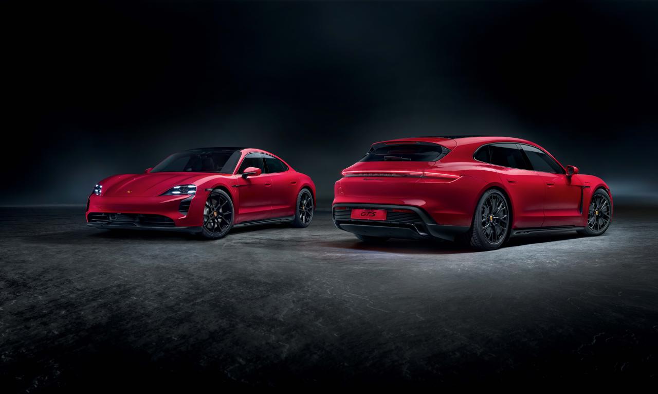 Porsche Taycan GTS 1.jpg Porsche Taycan GTS Front und Porsche Taycan GTS Sport Turismo Heck