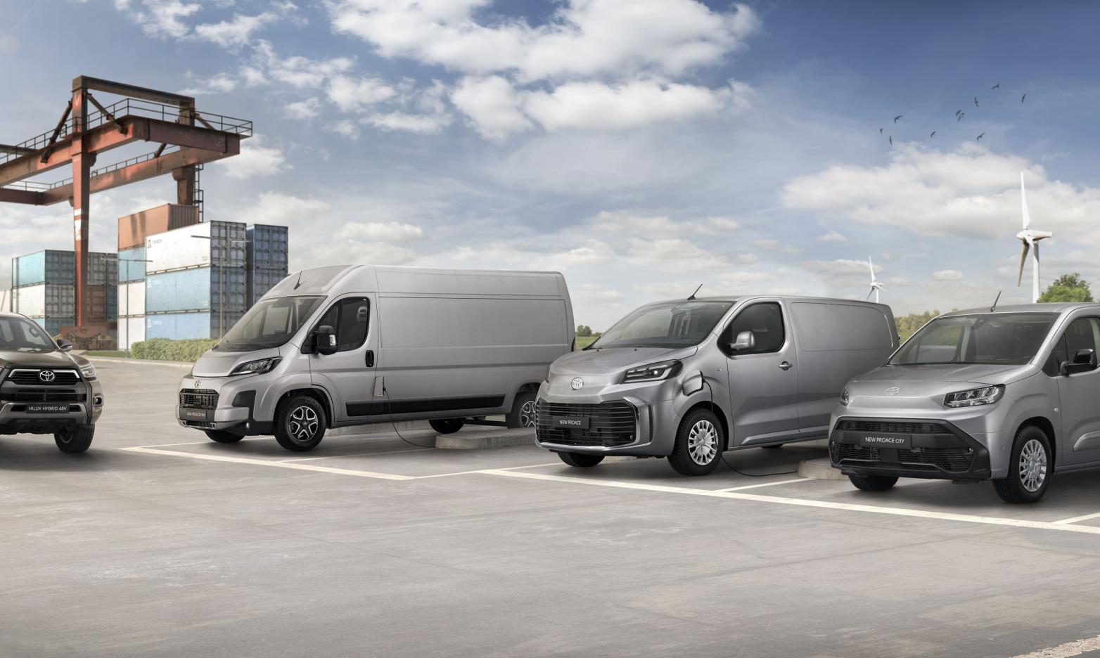 Toyota Hilux Front/Seite, Toyota Proace Max Front/Seite, Toyota Proace Front/Seite und Toyota Proace City Front/Seite